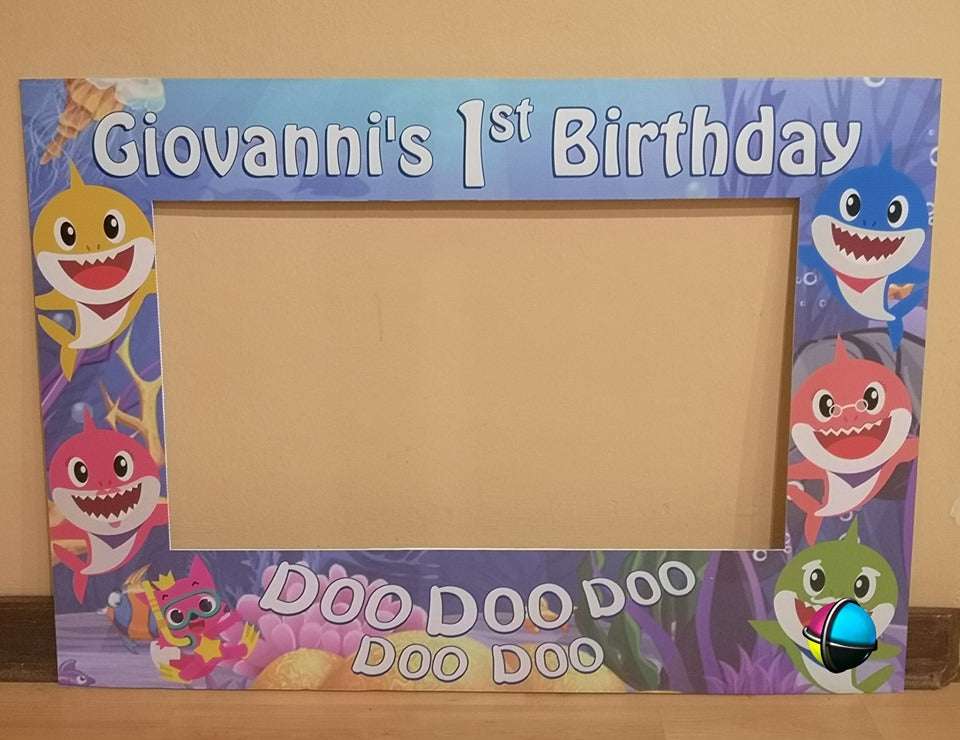 “Personalized Baby Shark 1st birthday photo booth prop with name and age”