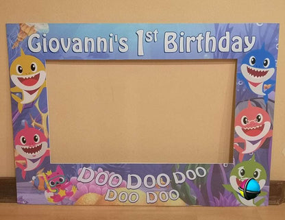 “Personalized Baby Shark 1st birthday photo booth prop with name and age”