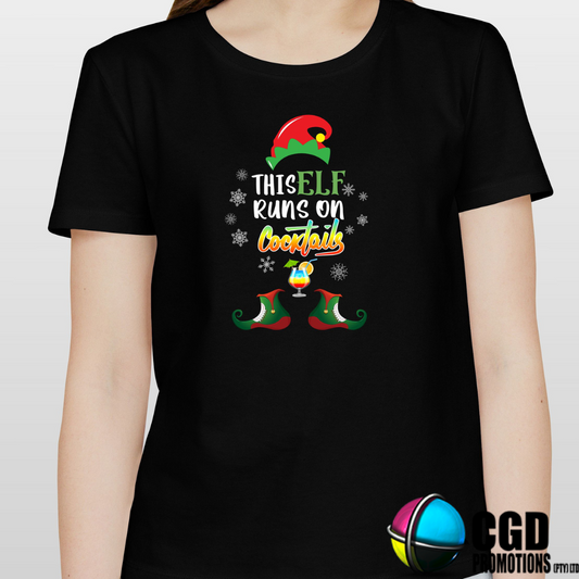 This Elf Runs on Cocktails Christmas Printed Shirt - Adult unisex, ladies fitted