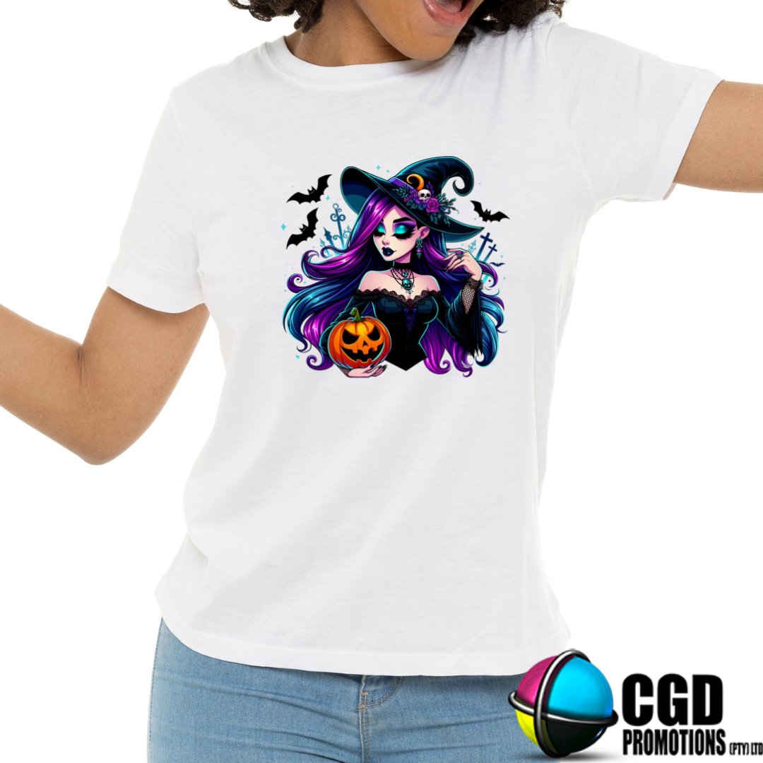 Beautiful Goth Witch Purple & Blue Hair with Bats & Pumpkin - Halloween T-shirts Adult Printed Shirt - Men's Unisex, Ladies Fitted