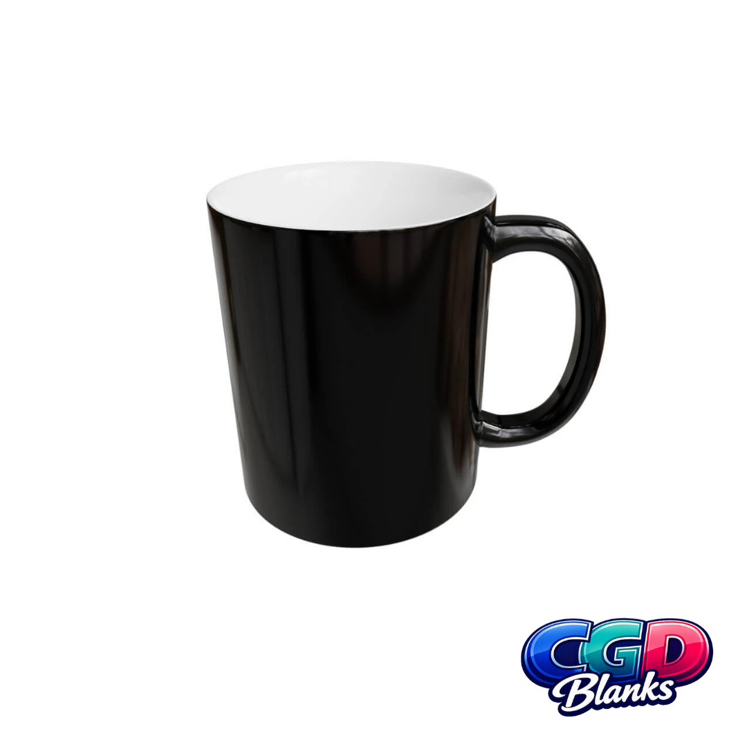 A black ceramic mug with a white interior, shown on a plain white background with a CGD Blanks logo in the bottom right corner.
