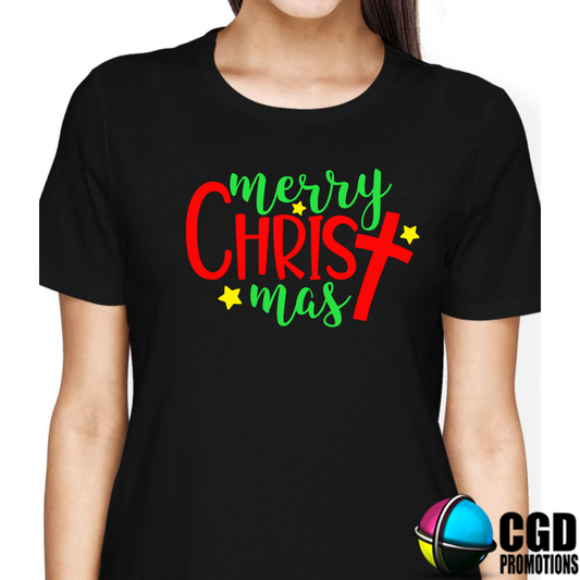 Merry ChrisT mas with Cross  - Christmas Printed Shirt for the Whole Family - Matching Unisex, Ladies Fitted & Kids (Faith-Based) 