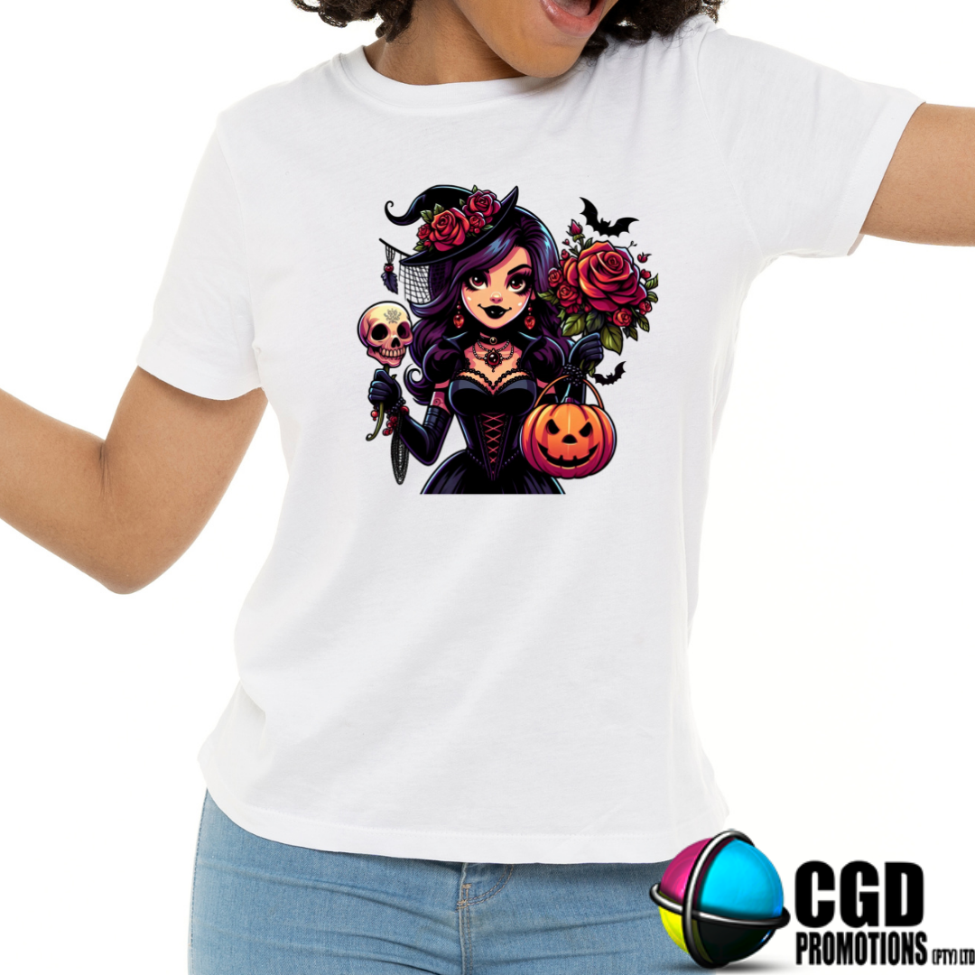 Beautiful Goth Witch with Rose, Pumpkins, Skeletons & Bats - Halloween T-shirts Adult Printed Shirt - Men's Unisex, Ladies Fitted (Copy)