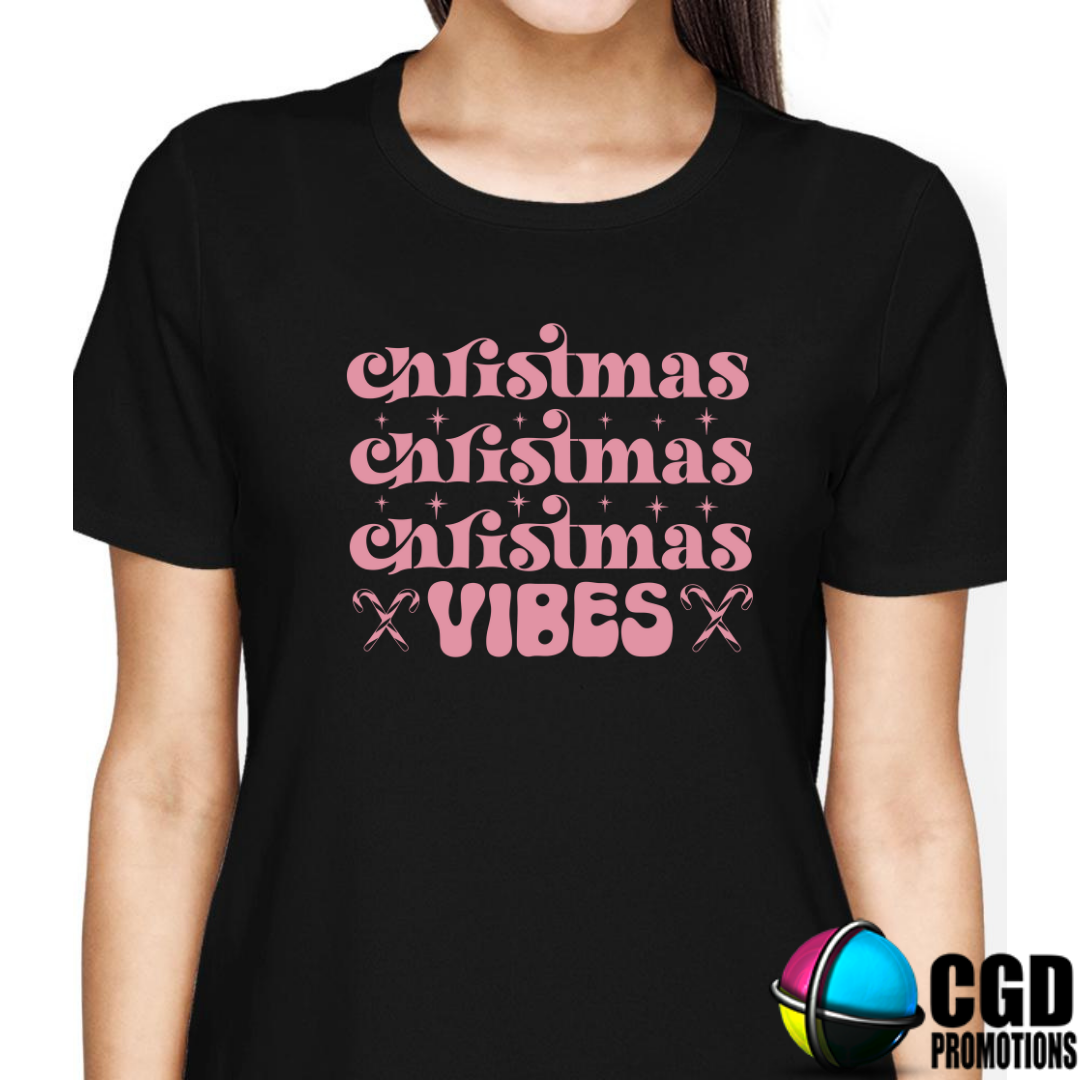 Christmas Christmas Christmas Vibes Pink Print Adult Christms Printed Shirt -  Unisex Mens & Ladies Fitted