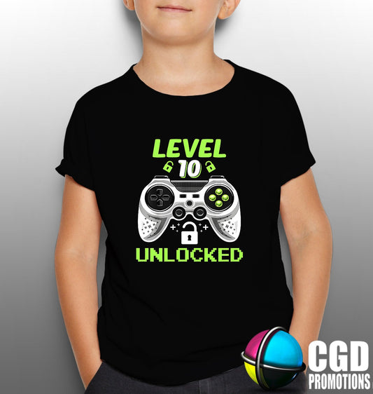 Level 10 (or Any Age) Unlocked Gamer Remote Shirt - Unisex, Ladies Fitted & Kids