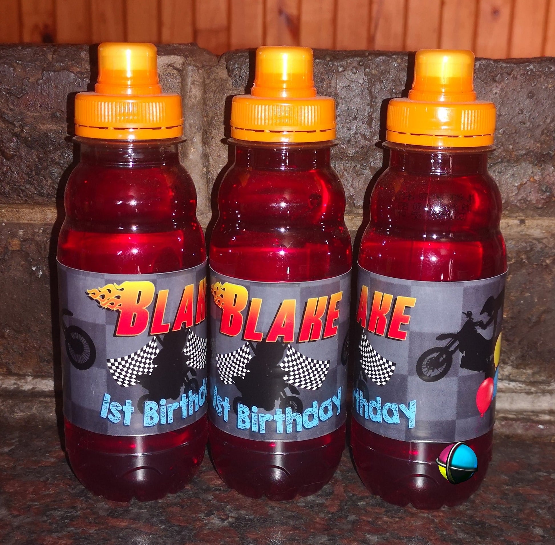 Custom Oros bottle label with personalised name and party theme
