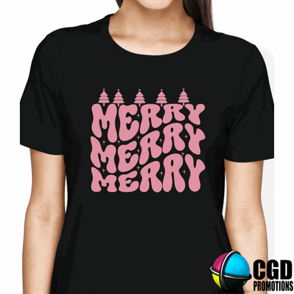 Merry Merry Merry Pink Adult Christms Printed Shirt -  Unisex Mens & Ladies Fitted