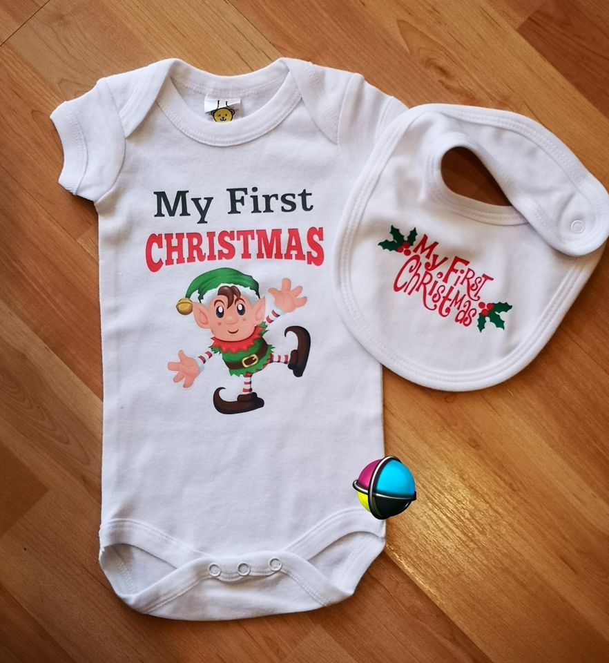 My First Christmas Character Christmas Printed Baby Grow & Matching Merry Christmas Bib