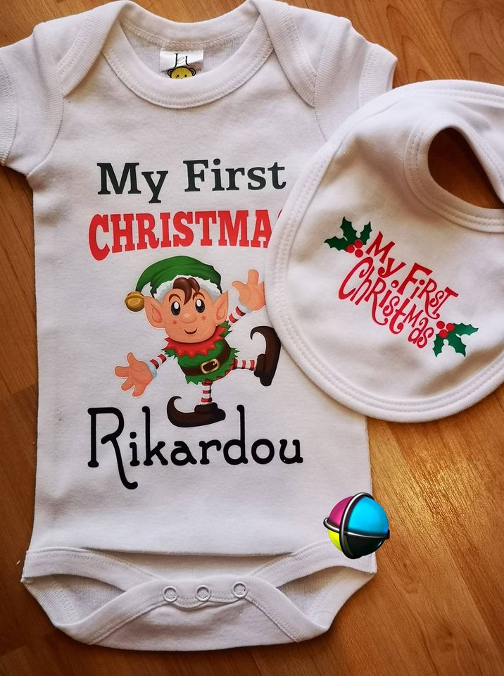 My First Christmas Character Christmas Printed Baby Grow & Matching Merry Christmas Bib