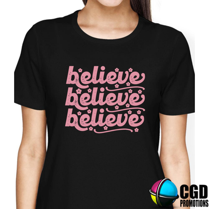 Believe Believe Believe Pink Adult Christms Printed Shirt -  Unisex Mens & Ladies Fitted (Copy)