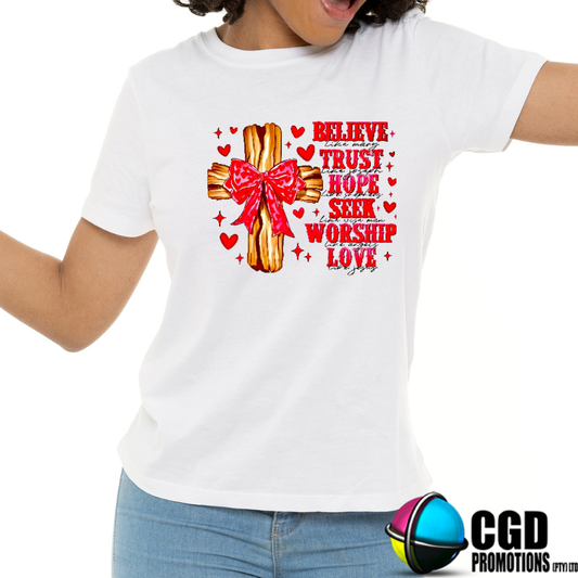 Believe Trust Hope Bow Cross - Valentines Day Shirt - Matching Unisex, Ladies Fitted & Kids | Faith-based South Africa