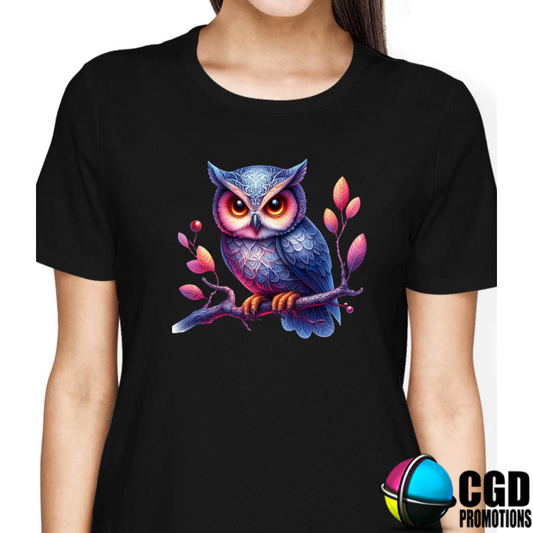 Owl Purple on Branch Halloween T-shirts Adult Printed Shirt - Unisex & Ladies Fitted