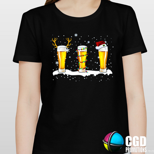 Festive Beer with Santa Hat Reindeers and Snow - Christmas Adult Unisex, Ladies Fitted 