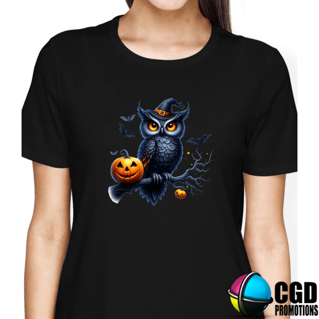 Owl with Witch Hat & Pumpkin Halloween T-shirts Adult Printed Shirt - Unisex & Ladies Fitted