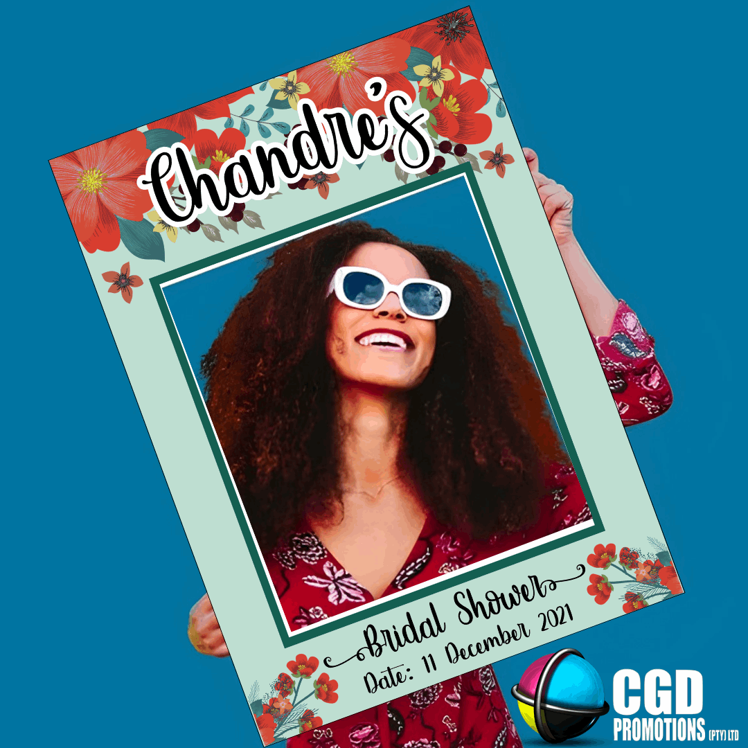 “Custom red and green selfie frame with personalized text for parties and bridal showers”