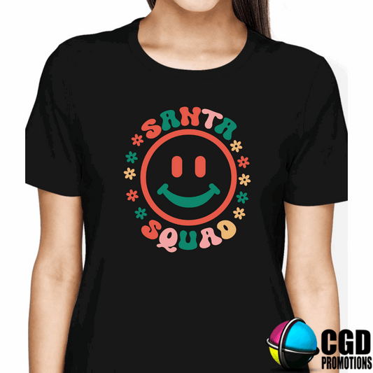 Santa Squad Colourful Smiley Face Print - Christmas Printed Shirt for the Whole Family - Matching Unisex, Ladies Fitted & Kids 