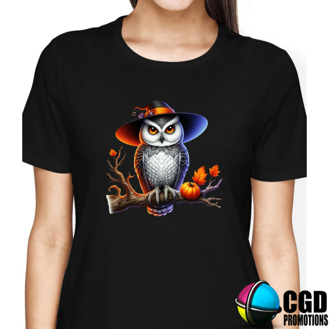 Owl on Branch with Witch Hat & Pumpkin Halloween T-shirts Adult Printed Shirt - Unisex & Ladies Fitted