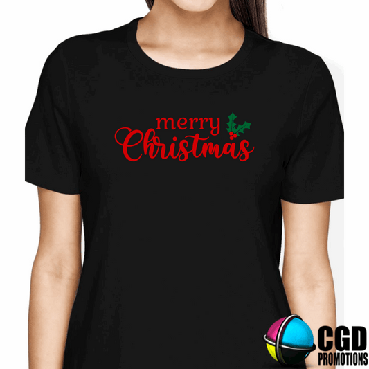 Merry Christmas Red Print with Mistletoe - Christmas Printed Shirt for the Whole Family - Matching Unisex, Ladies Fitted & Kids