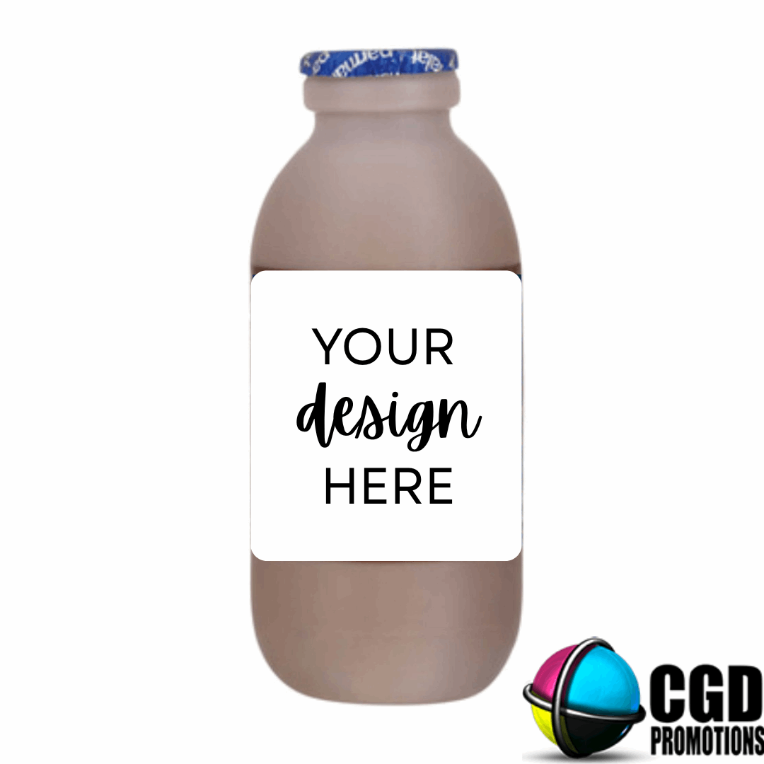 "Custom Steri Stumpi bottle labels in vibrant colours for personalised milkshake party decor"