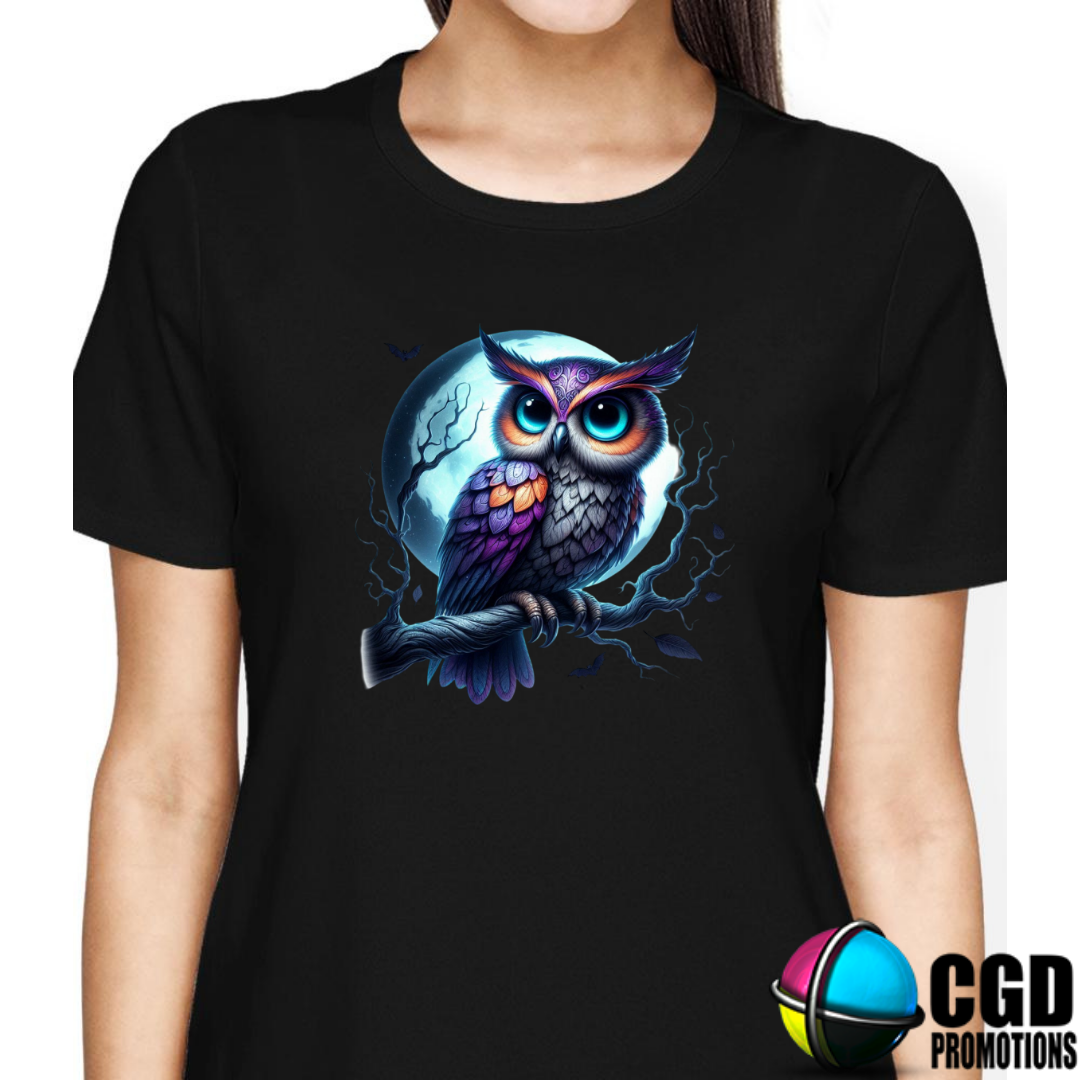 Purple Owl with Moon Background Halloween T-shirts Adult Printed Shirt - Unisex & Ladies Fitted