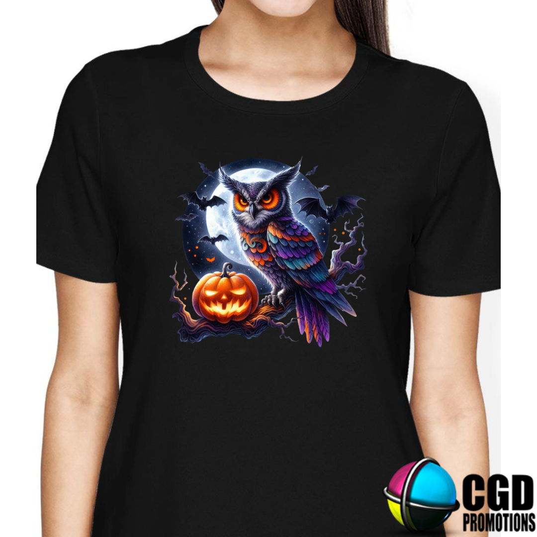 Purple Owl with Moon Background & Pumpkin Halloween T-shirts Adult Printed Shirt - Unisex & Ladies Fitted