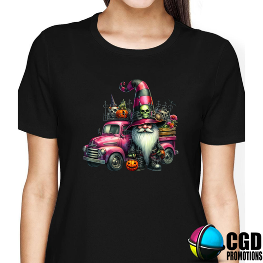 Pink Halloween Gnome with Pumkin & Truck Halloween T-shirts Adult Printed Shirt - Unisex & Ladies Fitted