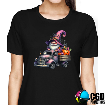 Pink Halloween Gnome with Pumpkin & Truck Halloween T-shirts Adult Printed Shirt - Unisex & Ladies Fitted