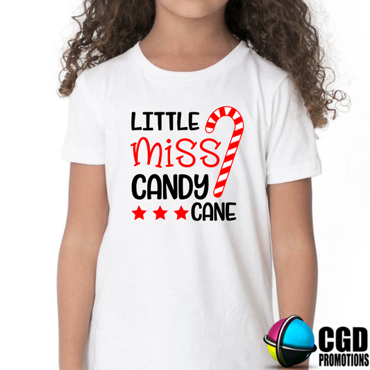 Little Miss Candy Cane Girls Christmas Shirt - Christmas Printed Shirt for Kids