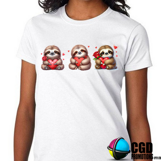 Valentine Sloths with hearts - Valentines Day Shirt - Matching Unisex, Ladies Fitted & Kids 