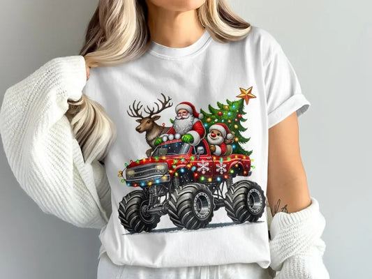 Santa Monster Truck Christmas T-shirt with Santa, reindeer and snowman graphic