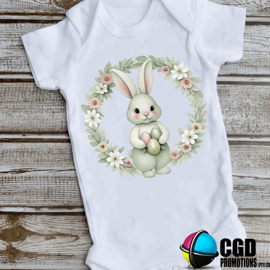 Cute Bunny in Flower Wreath - Easter Printed Baby Grow My first easter