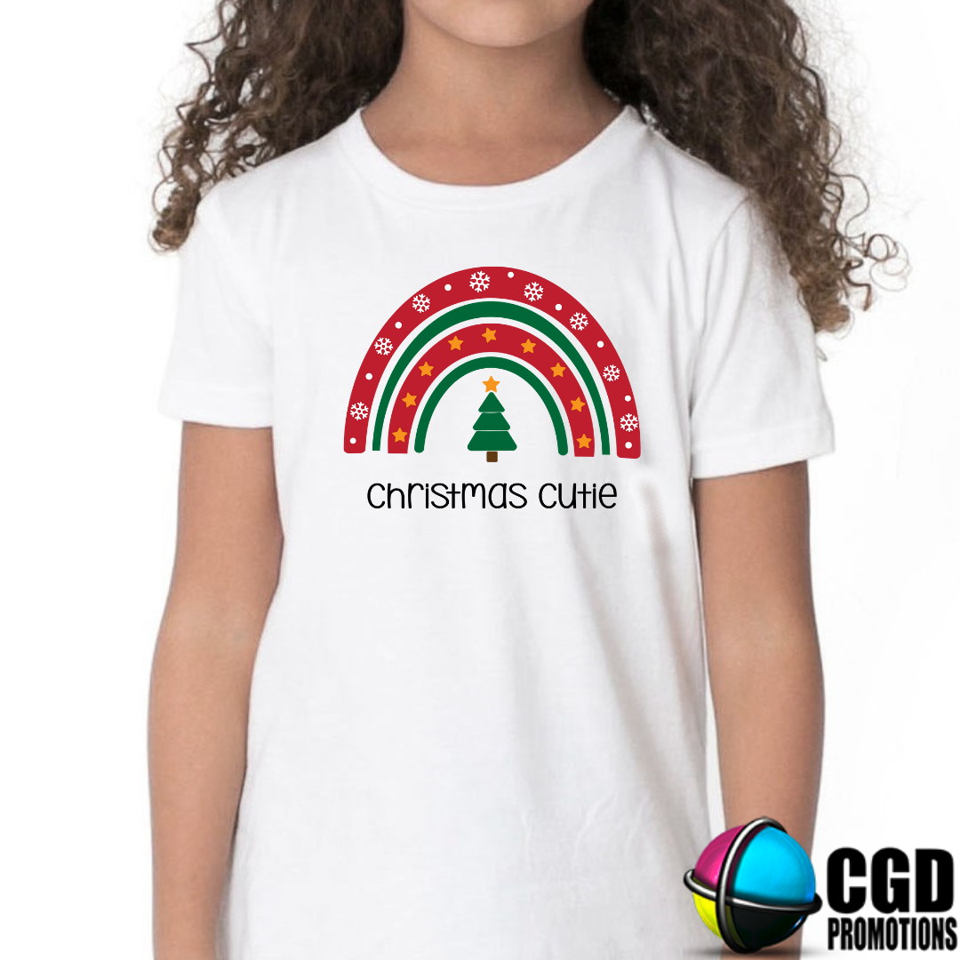 Christmas Cutie With Christmas Rainbow & Tree Girls Christmas Tree - Christmas Printed Shirt for Kids