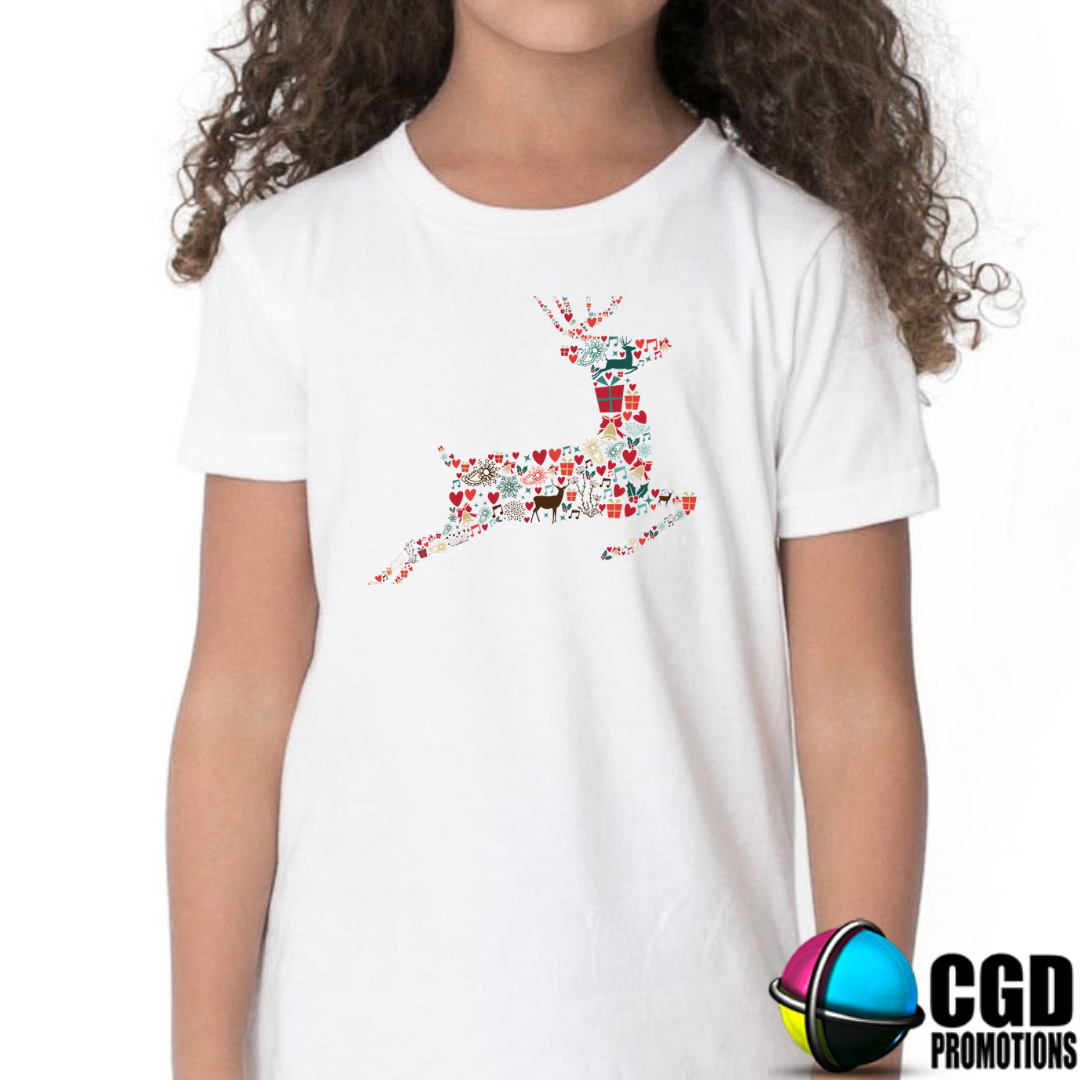 Flying Reindeer Flower and Present Art - Christmas Printed Shirt for the Whole Family - Matching Unisex, Ladies Fitted & Kids