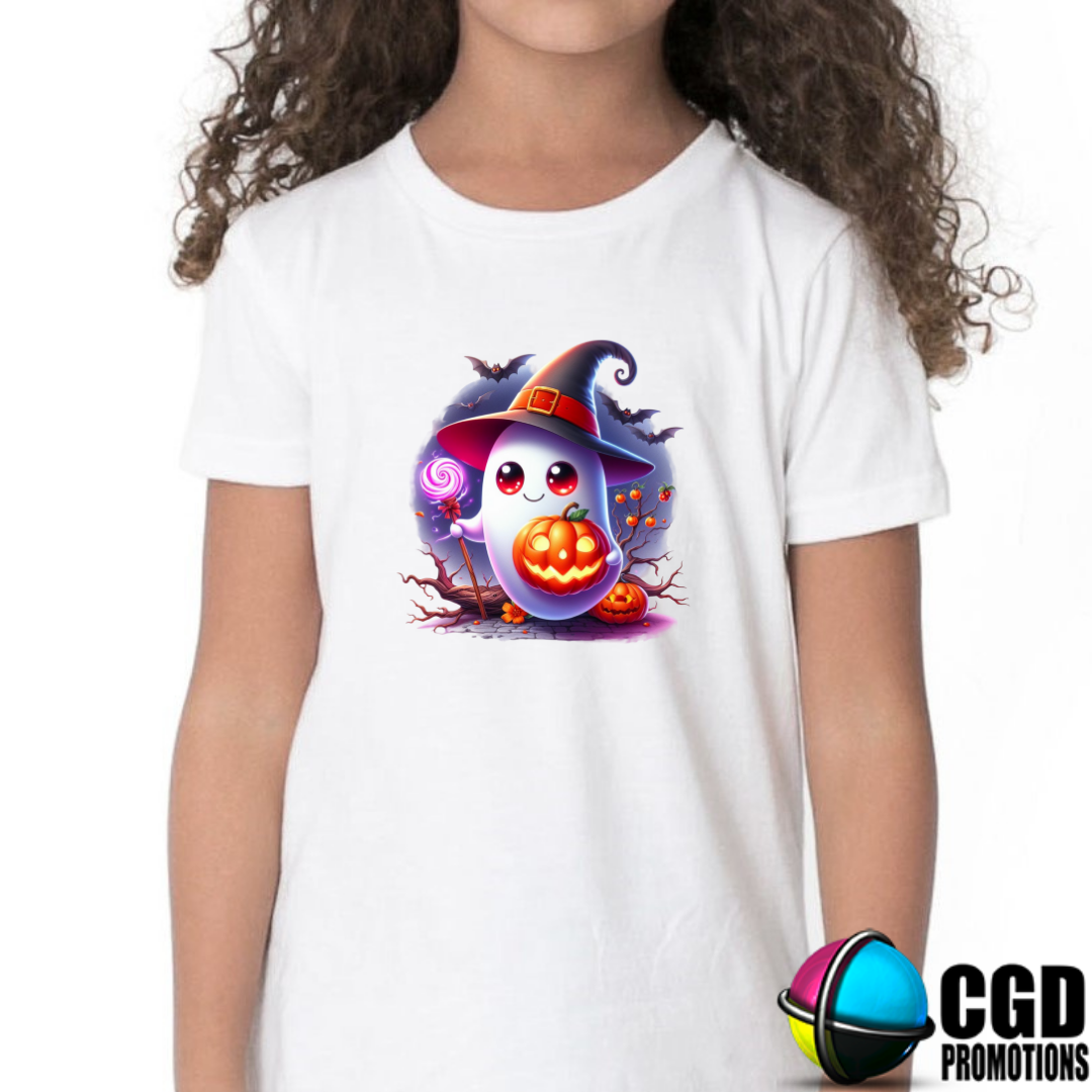 Cute Bold Ghost with Candy, Pumpkin & Bats Halloween Kids Printed Shirt