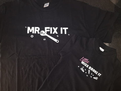 “Father and child wearing Mr Fix It & Little Miss Broke It matching t-shirts – unisex adult and kids tee set”
