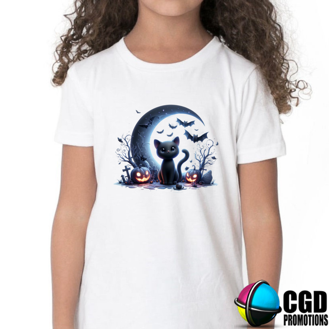 Cute Cat with with Bats, Pumpkins & Moon Halloween Kids Printed Shirt