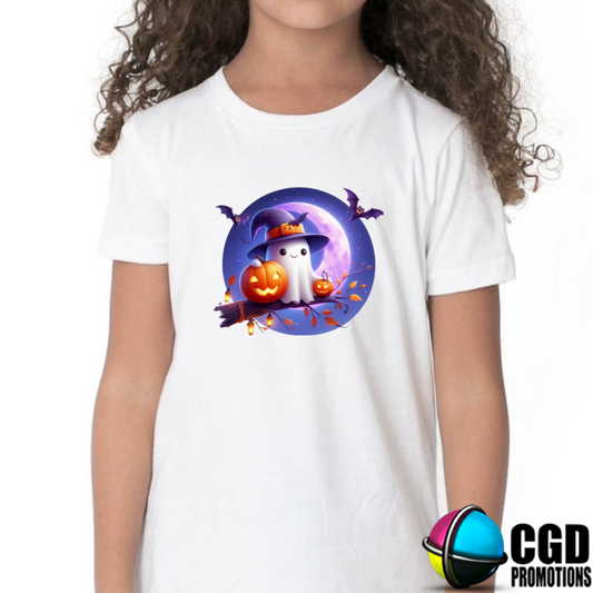 Cute Ghost with Moon, Pumpkin & Bats Halloween Kids Printed Shirt
