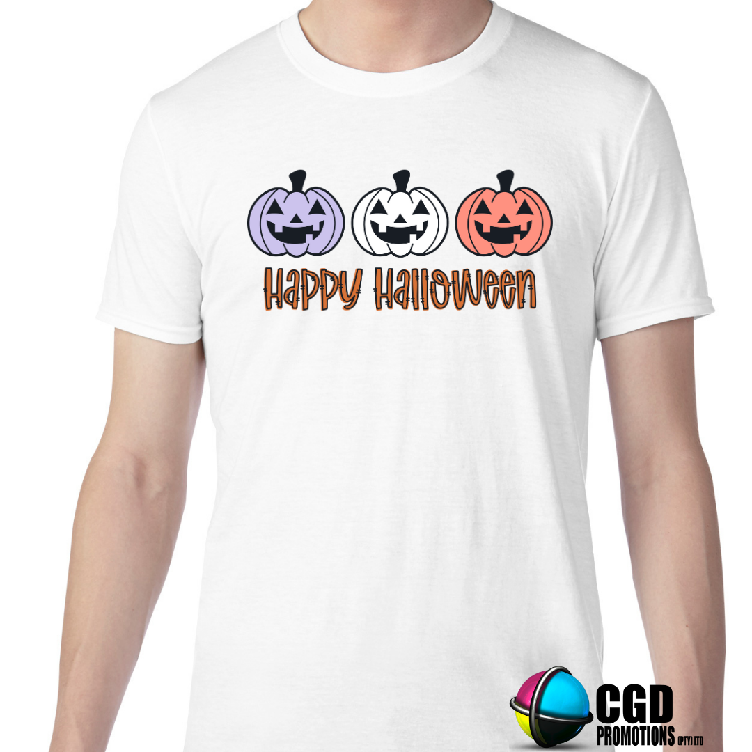 Happy Halloween with three pumkins in purple, white and orange Halloween Adult & Kids Printed Shirt