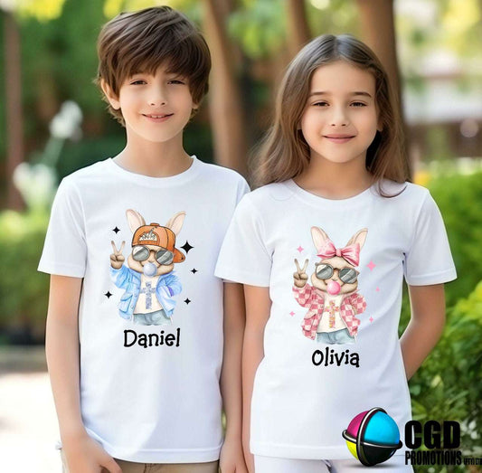 Retro Cool Bunny With Hat or Bow and Floral Cross Boy & Girl Bunny Kids Printed Shirts