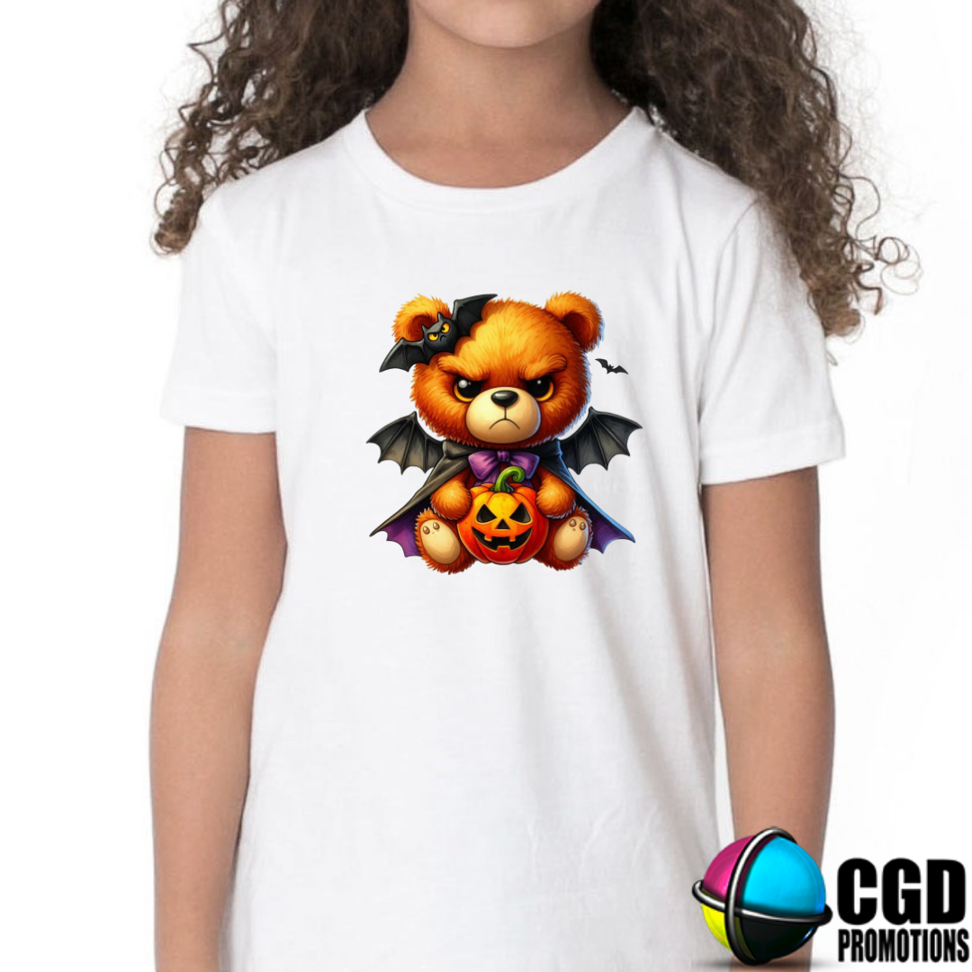 Angry Cute Teddy Bear with Bat Wings and a Pumpkin Halloween Matching T-shirts Adult & Kids Printed Shirt - Unisex, Ladies Fitted & Kids 