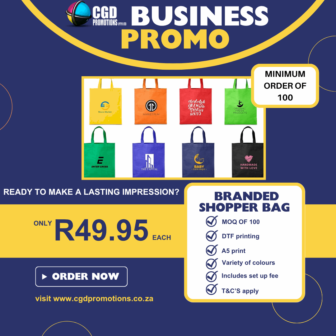 “Branded shopper bag for business promo with DTF print – CGD Promotions Boksburg”

