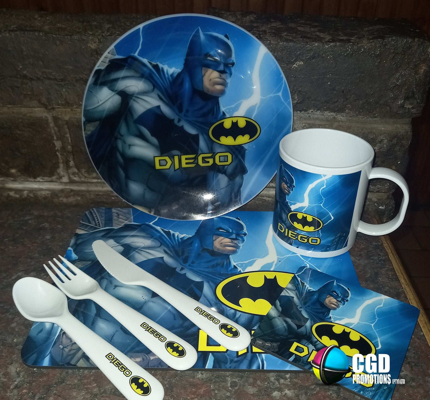 Custom children’s mealtime set with plastic plate, mug, and utensils
