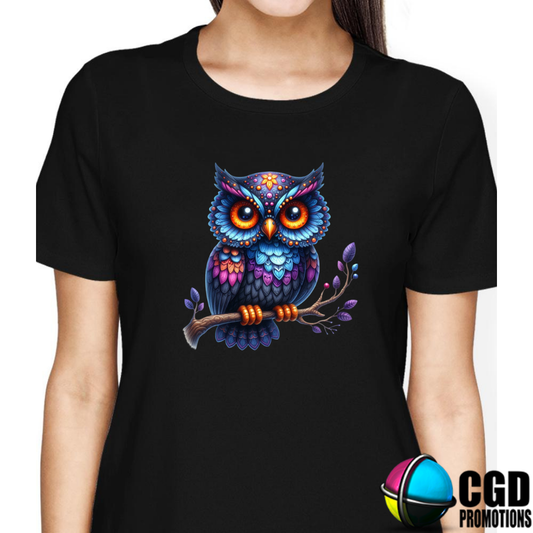 Beautiful Multicoloured Owl Halloween T-shirts Adult Printed Shirt - Unisex & Ladies Fitted