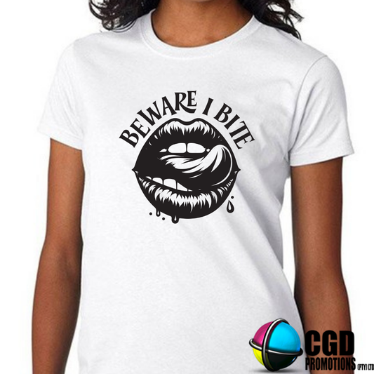 Beware I Bite with licking lips Halloween T-shirts Adult Printed Shirt - Unisex & Ladies Fitted