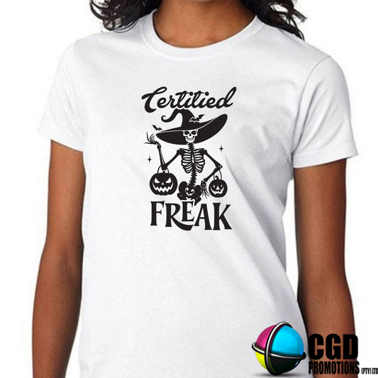 Certified Freak Skeleton with Pumkins Halloween T-shirts Adult Printed Shirt - Unisex & Ladies Fitted