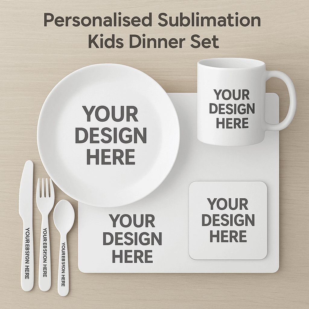 Personalised kids dinner set with wooden placemat and coaster
