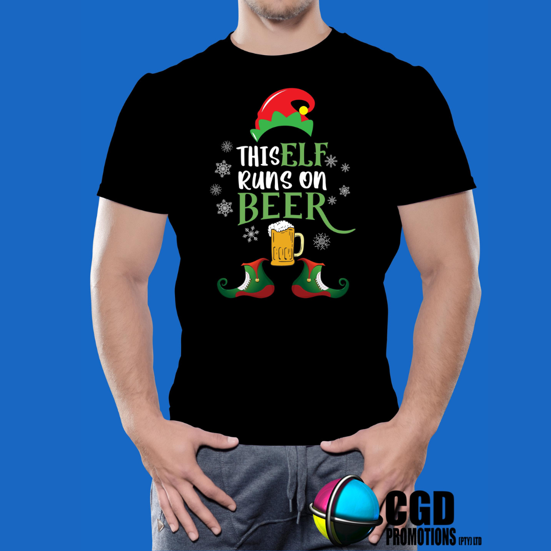 This elf runs on beer christmas printed shirt