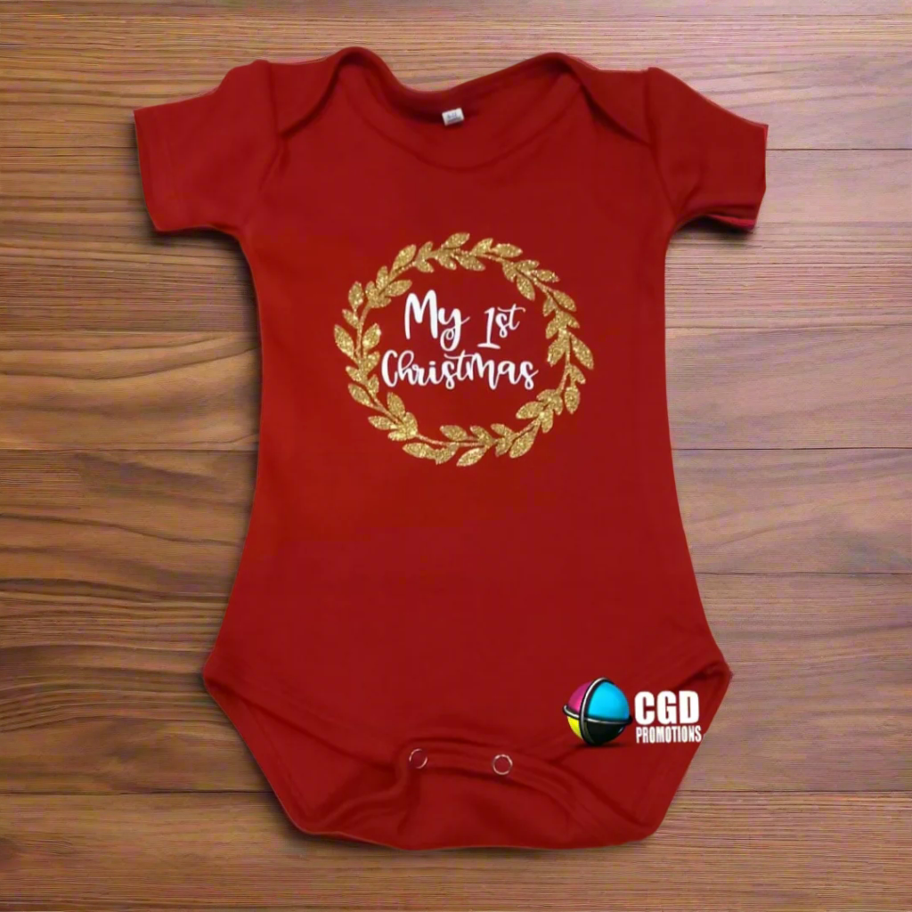 My First Christmas with Gold Glitter Wreath Christmas Printed Baby Grow