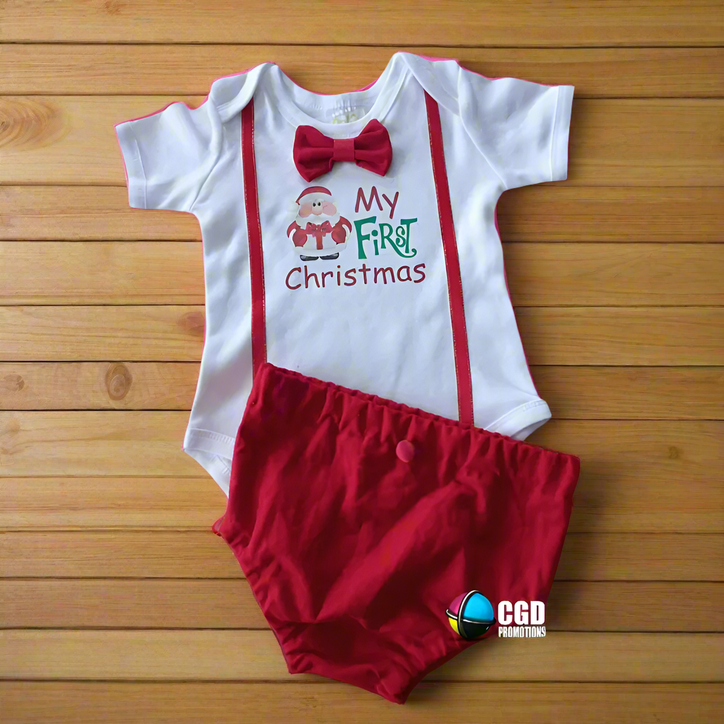 My First Christmas Suspender Christmas Santa Printed Outfit with Shorts & Bow Tie