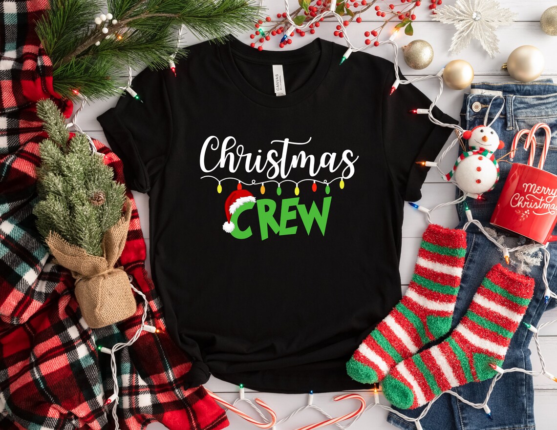 Christmas Crew with Lights Grinch font and Santa Hat - Christmas Printed Shirt for the Whole Family - Matching Unisex, Ladies Fitted & Kids